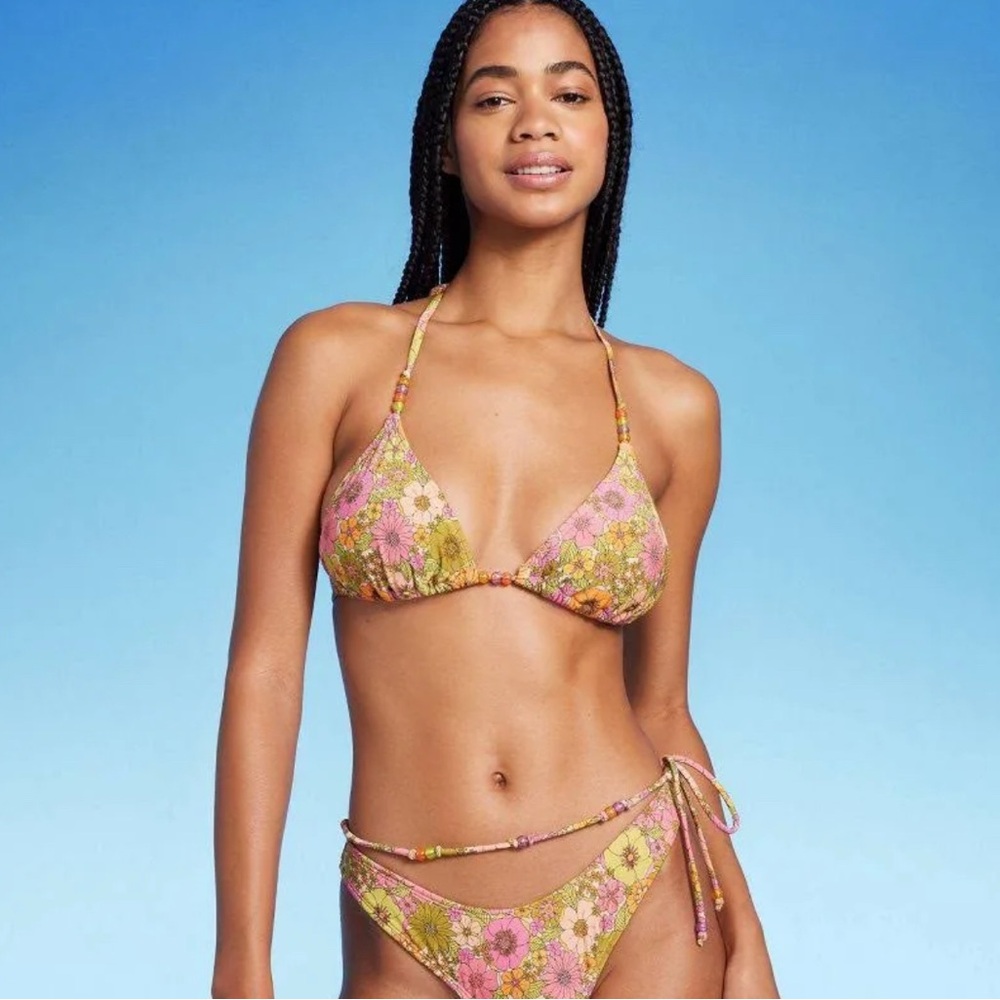 Wild Fable Beaded Triangle Bikini Top large 12-14 floral sparkly nwt